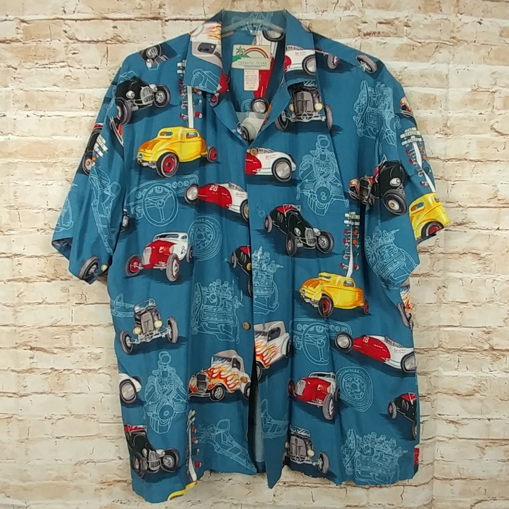 Paradise Found Hot Rod Print Hawaiian Shirt Large